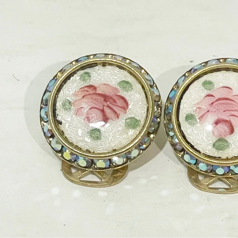 Vintage Rose Enamel Gold Tone Jeweled Clip on Earrings Jewelry